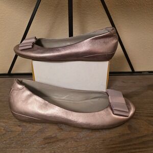 Ecco Metallic Rose Gold Leather Ballet Flats Bow Detail Comfortable‎ Shoes 7